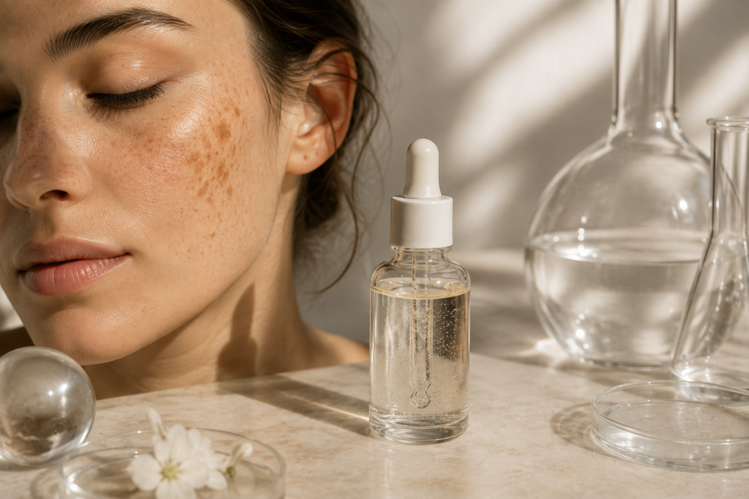 Viso femminile con macchie brune da melasma sullo zigomo accanto a un siero con contagocce