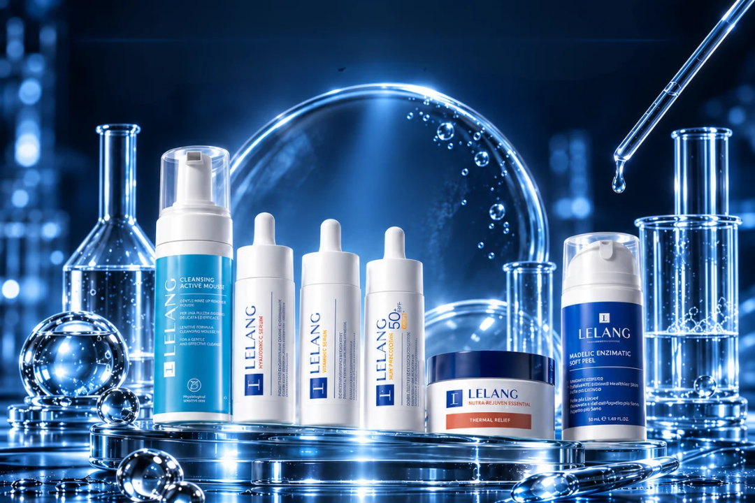 Prodotti LeLang Skin Care su fondo blu con vetreria da laboratorio
