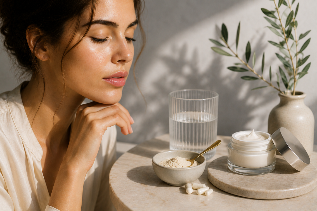 Donna accanto a collagene in polvere, capsule, un bicchiere d'acqua e un vasetto di crema