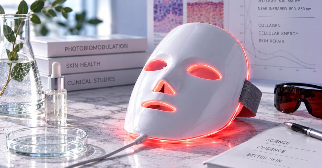 Maschera LED per il viso con luce rossa appoggiata su piano in marmo accanto a siero, occhiali protettivi e materiali scientifici skincare