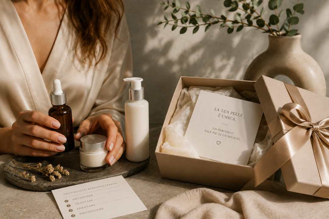 Donna con un siero in mano accanto a una confezione regalo e a una scheda con il protocollo