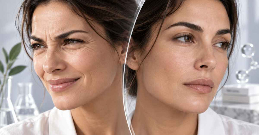 Volto femminile con rughe d'espressione e rughe statiche
