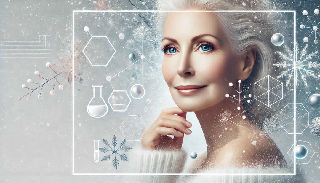 Volto di una donna matura con pelle radiosa, circondata da un'atmosfera invernale che richiama un laboratorio scientifico. Immagine minimalista che rappresenta cura avanzata della pelle e rigenerazione durante l'inverno