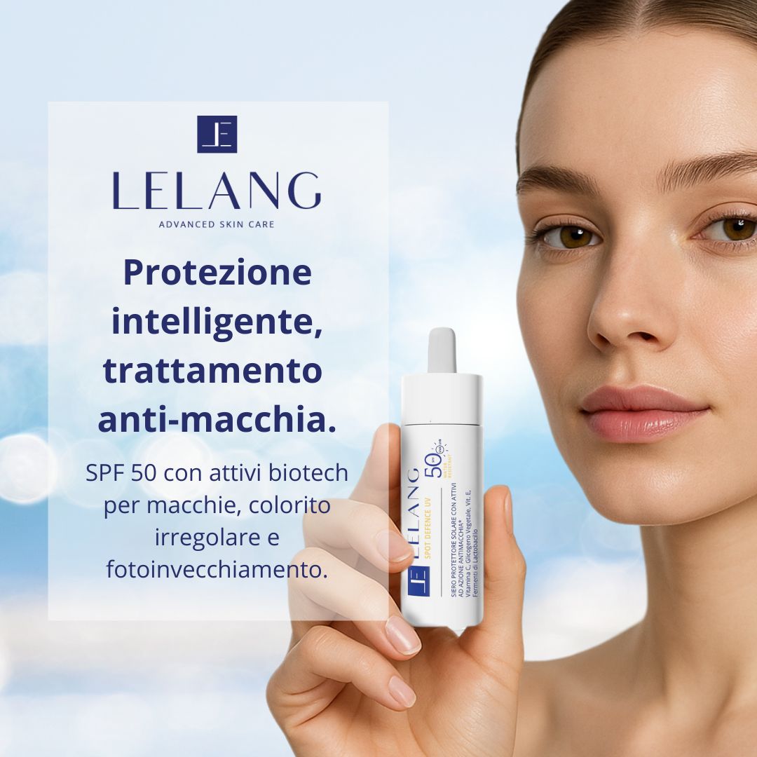 Donna con Spot Defence SPF 50 LeLang, protezione e trattamento anti-macchia