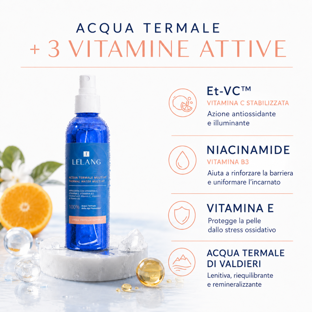 LeLang Acqua Termale Multi Vit con 3 vitamine attive – Vitamina C stabilizzata Et-VC antiossidante, Niacinamide B3 uniformante e Vitamina E protettiva, con acqua termale di Valdieri