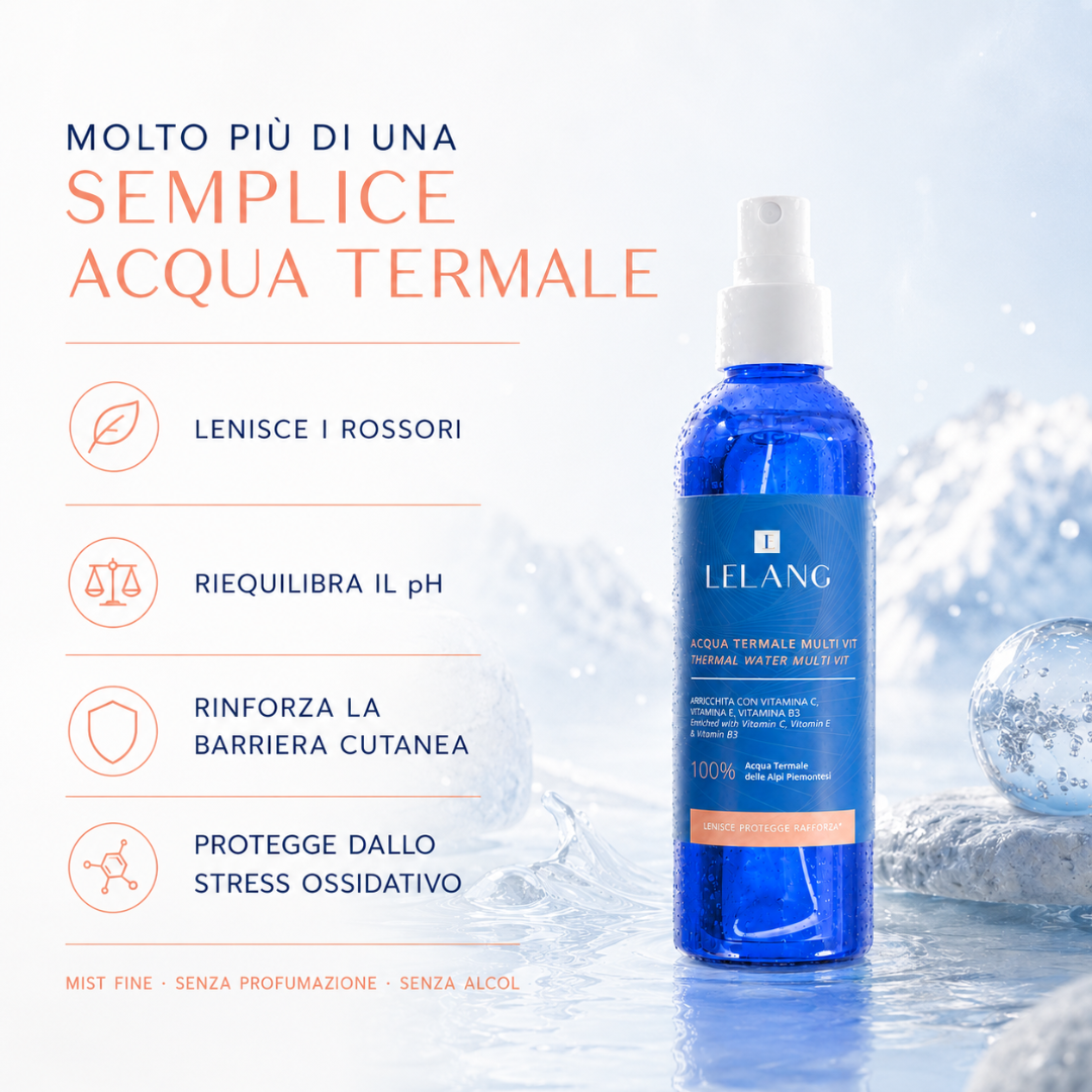 LeLang Acqua Termale Multi Vit mist fine senza profumazione e senza alcol – lenisce i rossori, riequilibra il pH, rinforza la barriera cutanea e protegge dallo stress ossidativo