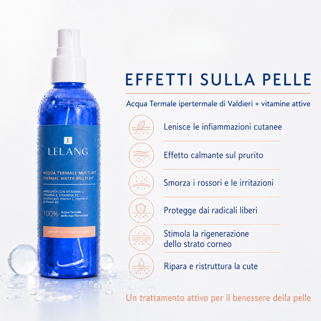 LeLang Acqua Termale Multi Vit con acqua ipertermale di Valdieri e vitamine attive – lenisce infiammazioni e prurito, smorza rossori, protegge dai radicali liberi e rigenera lo strato corneo