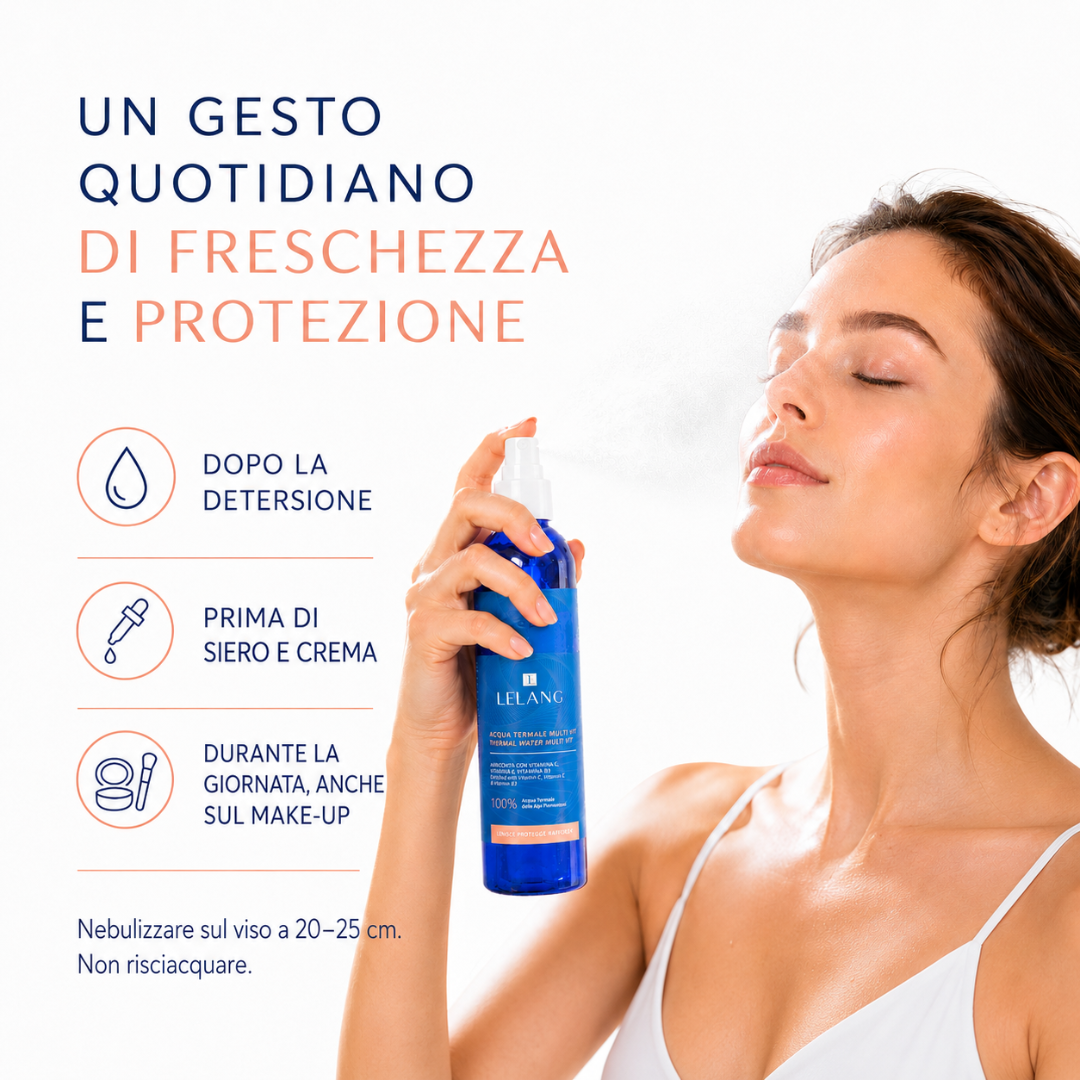 Donna che nebulizza LeLang Acqua Termale Multi Vit sul viso – gesto quotidiano di freschezza e protezione, da usare dopo la detersione, prima di siero e crema e durante la giornata