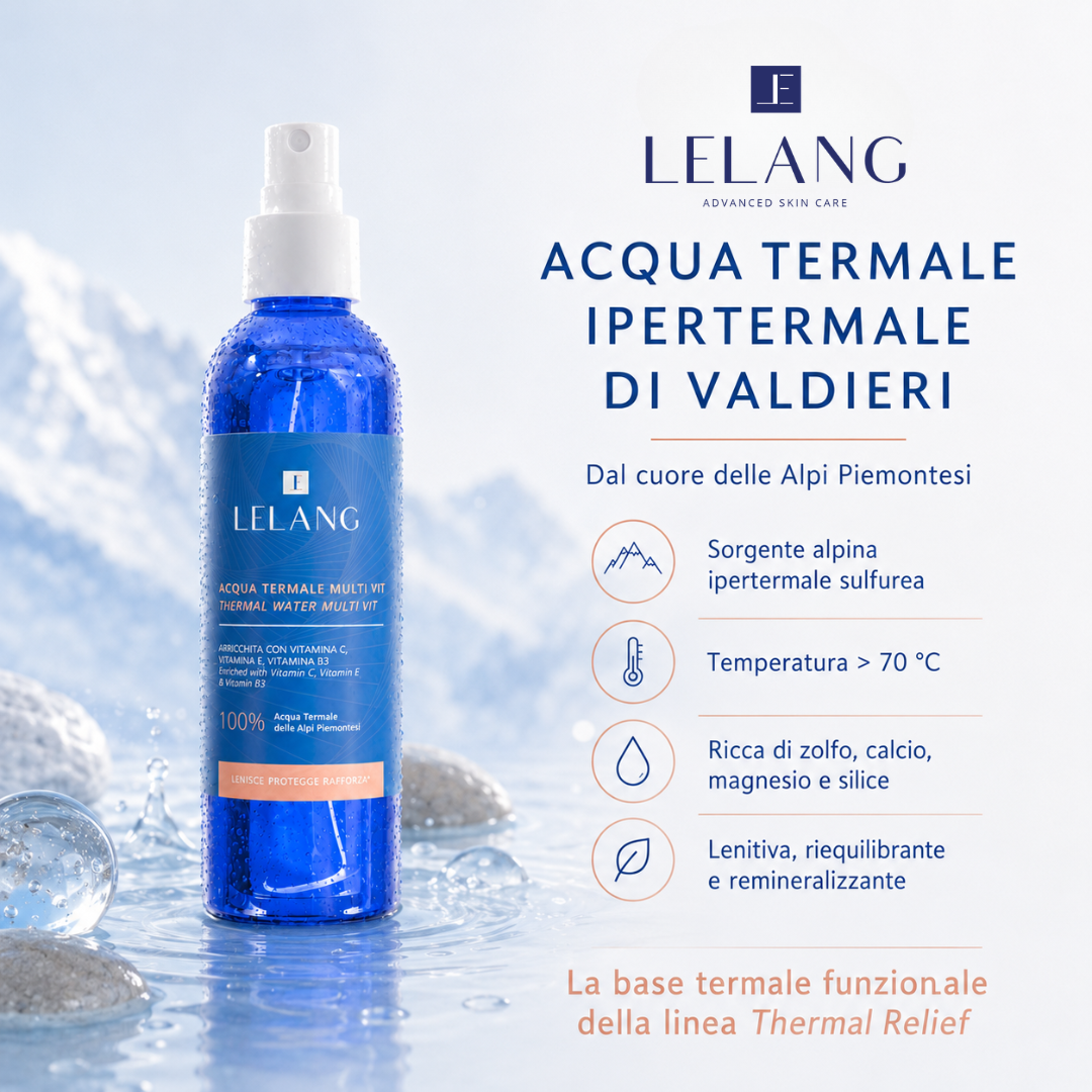 LeLang Acqua Termale Multi Vit con acqua ipertermale di Valdieri dalle Alpi Piemontesi – sorgente sulfurea oltre 70°C ricca di zolfo, calcio, magnesio e silice, lenitiva e remineralizzante