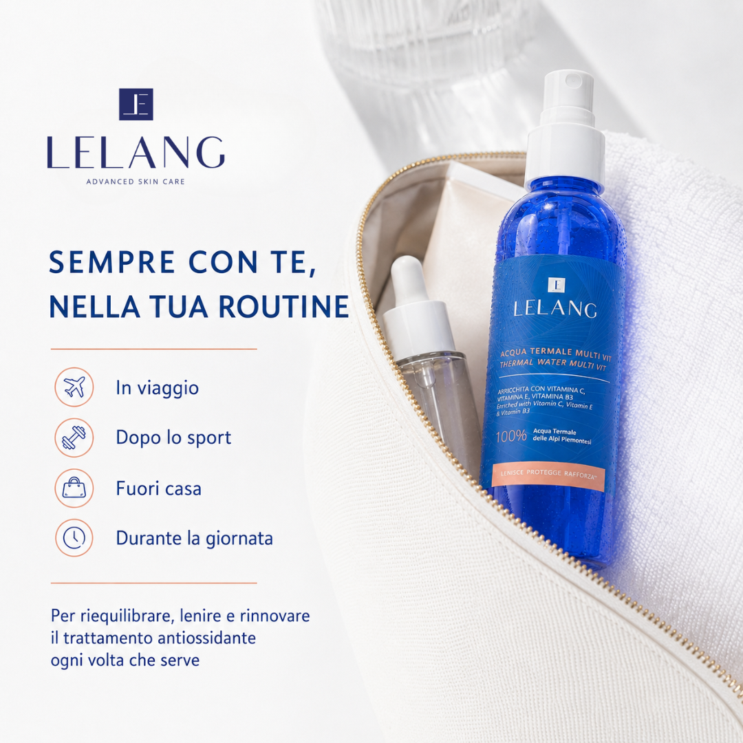 Acqua termale multivitaminica Lelang Multi Vit, sempre con te nella tua routine: ideale in viaggio, dopo lo sport, fuori casa e durante la giornata per riequilibrare, lenire e rinnovare il trattamento antiossidante ogni volta che serve