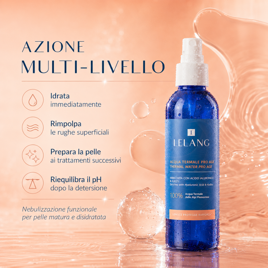 Acqua termale Lelang Pro Age Thermal Water con acido ialuronico, azione multi-livello: idrata immediatamente, rimpolpa le rughe superficiali, prepara la pelle ai trattamenti successivi e riequilibra il pH dopo la detersione, nebulizzazione funzionale per pelle matura e disidratata
