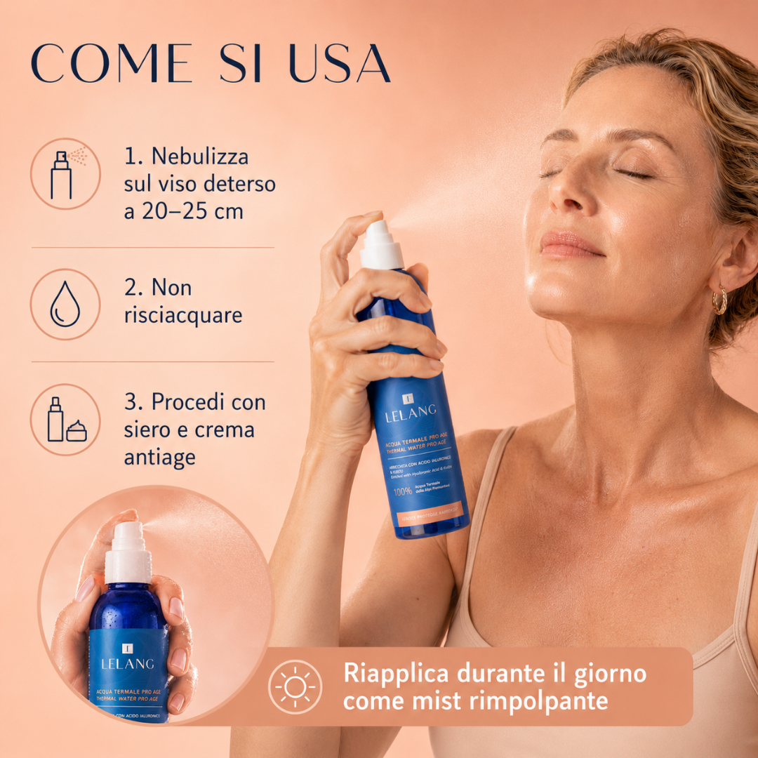 Acqua termale Lelang Pro Age Thermal Water Filler, come si usa: nebulizzare sul viso deterso a 20-25 cm, non risciacquare e procedere con siero e crema antiage, riapplicare durante il giorno come mist rimpolpante