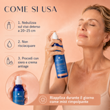 Acqua termale Lelang Pro Age Thermal Water Filler, come si usa: nebulizzare sul viso deterso a 20-25 cm, non risciacquare e procedere con siero e crema antiage, riapplicare durante il giorno come mist rimpolpante