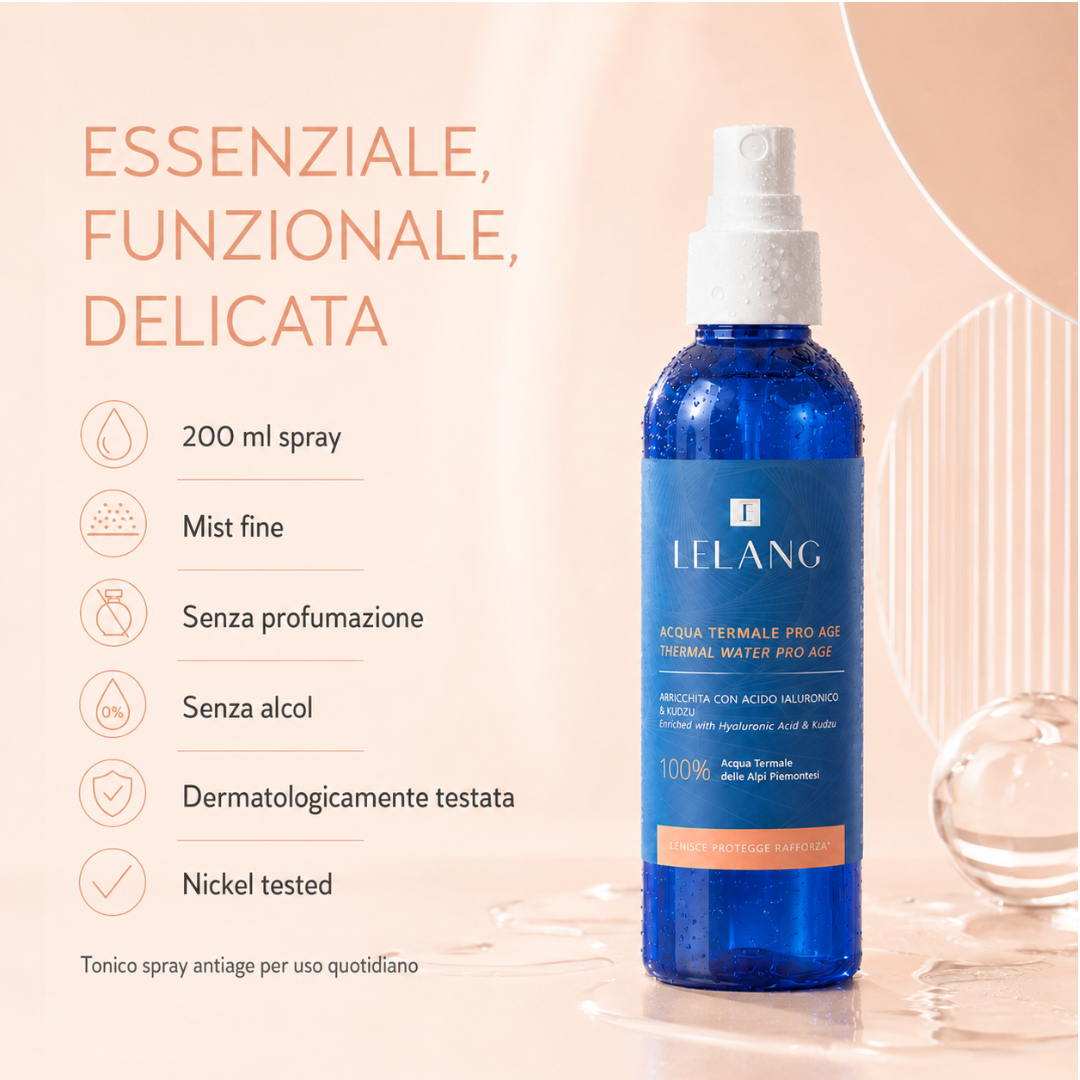 Acqua termale Lelang Pro Age Thermal Water, essenziale, funzionale e delicata: spray da 200 ml, mist fine, senza profumazione, senza alcol, dermatologicamente testata e nickel tested, tonico spray antiage per uso quotidiano