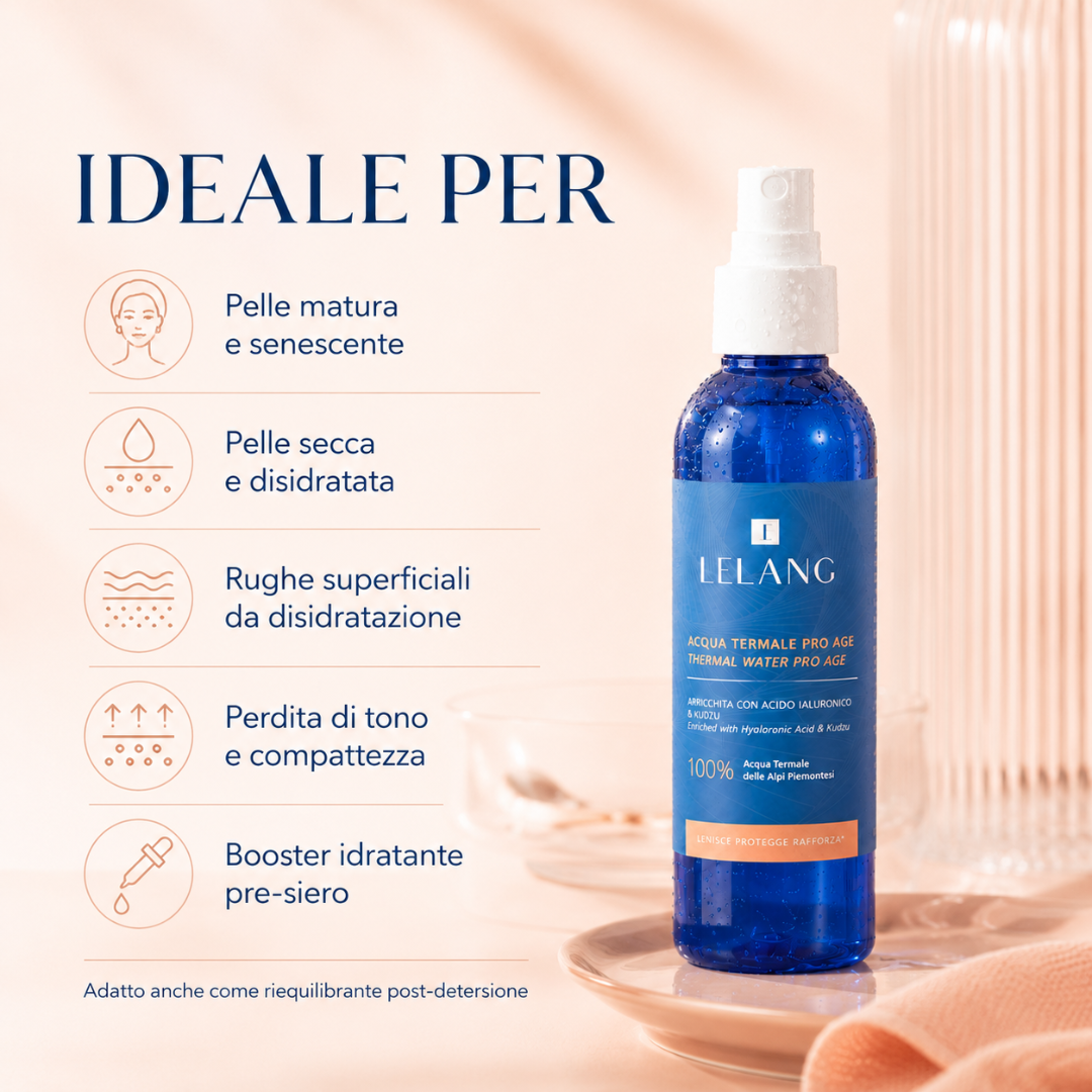 Acqua termale Lelang Pro Age Thermal Water, ideale per pelle matura e senescente, pelle secca e disidratata, rughe superficiali da disidratazione e perdita di tono e compattezza, booster idratante pre-siero adatto anche come riequilibrante post-detersione