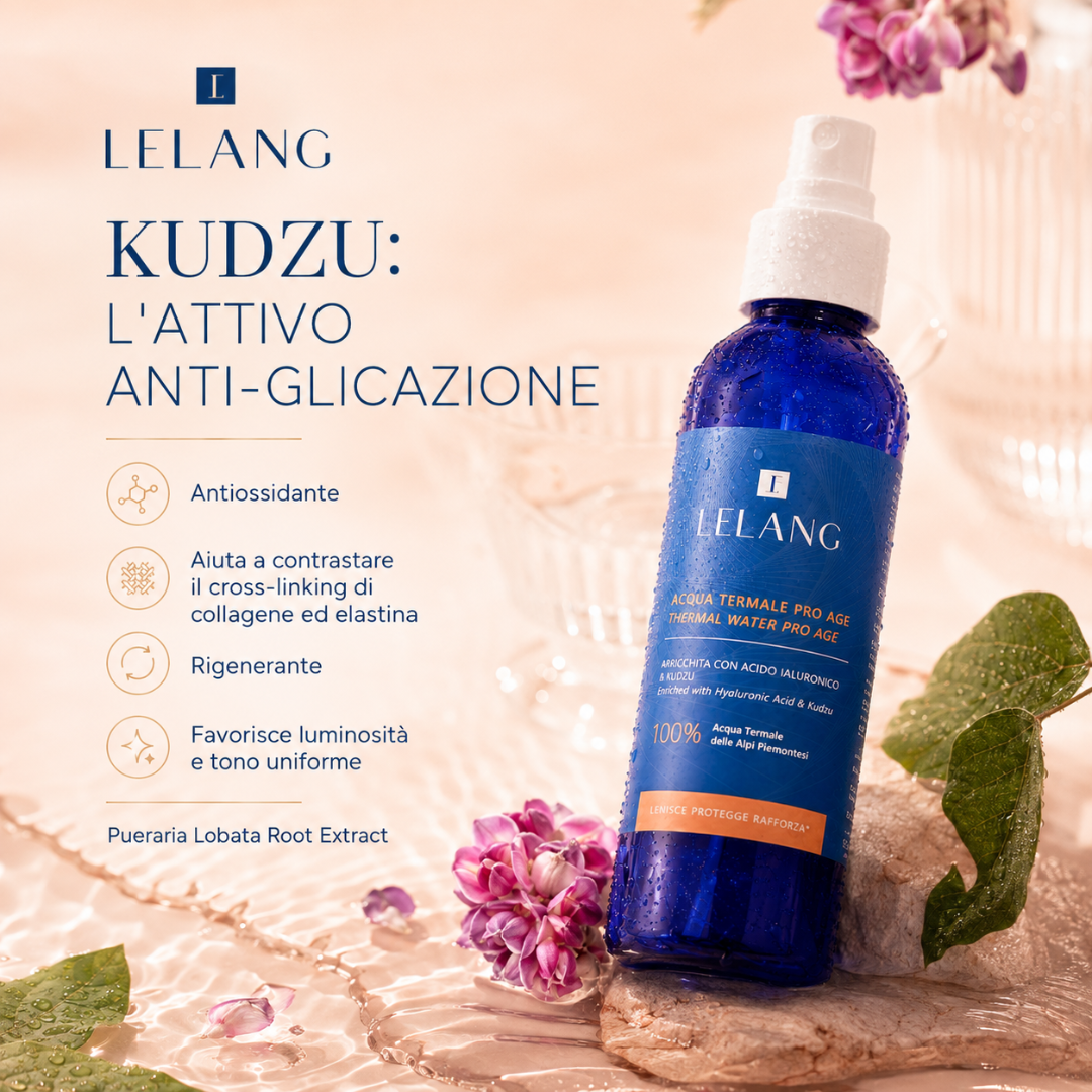 Acqua termale Lelang Pro Age Thermal Water con Kudzu (Pueraria Lobata Root Extract), l'attivo anti-glicazione: antiossidante, aiuta a contrastare il cross-linking di collagene ed elastina, rigenerante e favorisce luminosità e tono uniforme