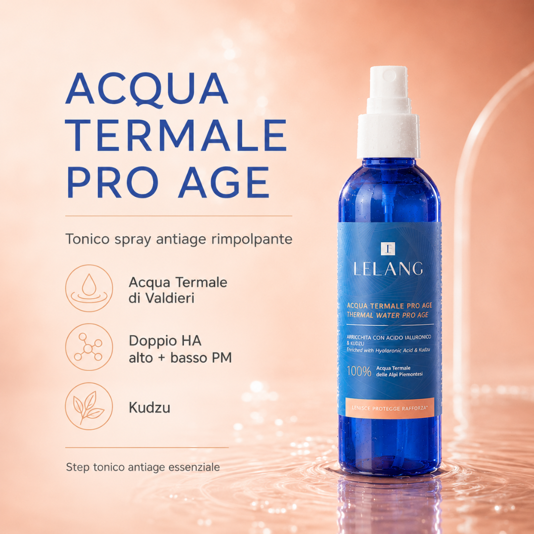 Acqua termale Lelang Pro Age Thermal Water, tonico spray antiage rimpolpante con acqua termale di Valdieri, doppio acido ialuronico ad alto e basso peso molecolare e Kudzu: lo step tonico antiage essenziale