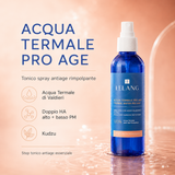 Acqua termale Lelang Pro Age Thermal Water, tonico spray antiage rimpolpante con acqua termale di Valdieri, doppio acido ialuronico ad alto e basso peso molecolare e Kudzu: lo step tonico antiage essenziale