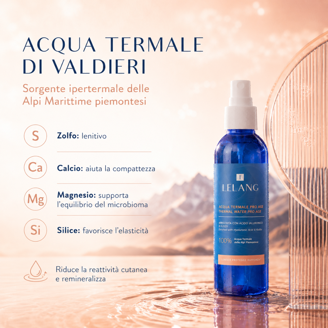 Acqua termale Lelang Pro Age Thermal Water con acqua termale di Valdieri, sorgente ipertermale delle Alpi Marittime piemontesi: zolfo lenitivo, calcio che aiuta la compattezza, magnesio che supporta l'equilibrio del microbioma e silice che favorisce l'elasticità, riduce la reattività cutanea e remineralizza