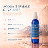 Acqua termale Lelang Pro Age Thermal Water con acqua termale di Valdieri, sorgente ipertermale delle Alpi Marittime piemontesi: zolfo lenitivo, calcio che aiuta la compattezza, magnesio che supporta l'equilibrio del microbioma e silice che favorisce l'elasticità, riduce la reattività cutanea e remineralizza
