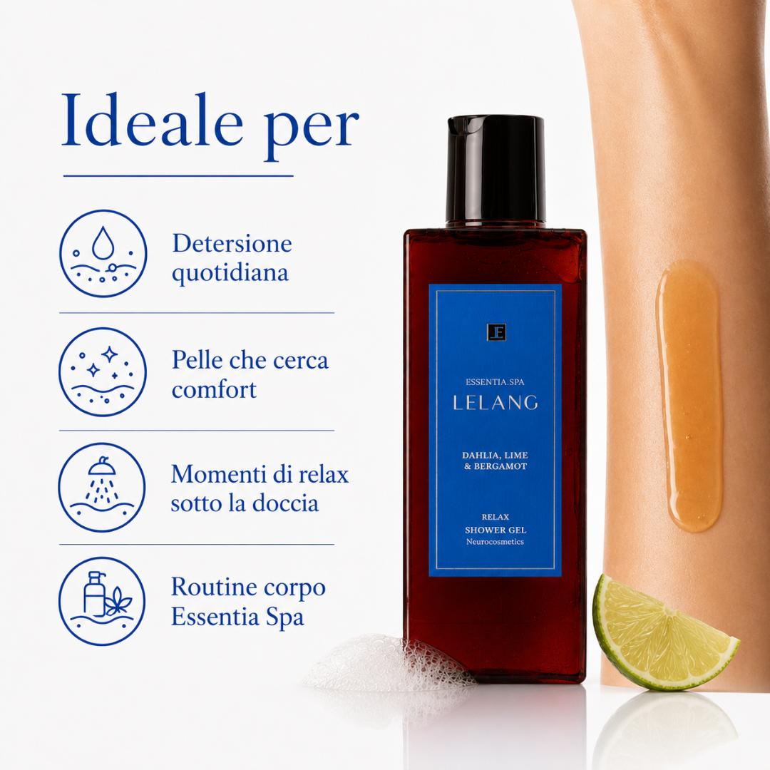 Gel doccia relax Lelang Essentia Spa, ideale per la detersione quotidiana e i momenti di relax sotto la doccia nella routine corpo