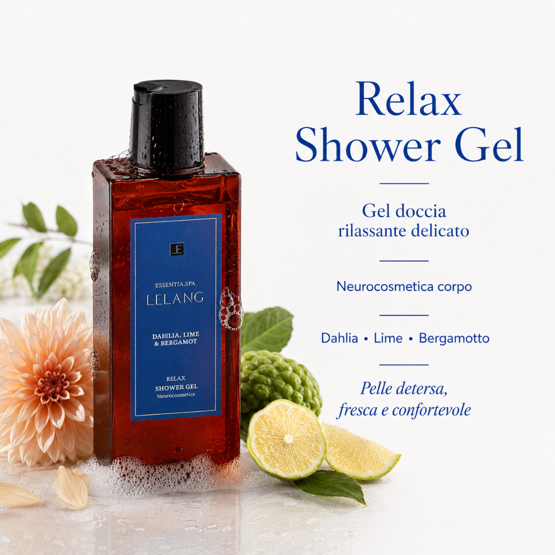 Gel doccia relax rilassante delicato Lelang Essentia Spa, neurocosmetica corpo con dahlia lime e bergamotto per pelle detersa fresca e confortevole