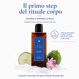 Gel doccia relax Lelang Essentia Spa, il primo step del rituale corpo che deterge e prepara la pelle a scrub crema o olio corpo nella routine body care