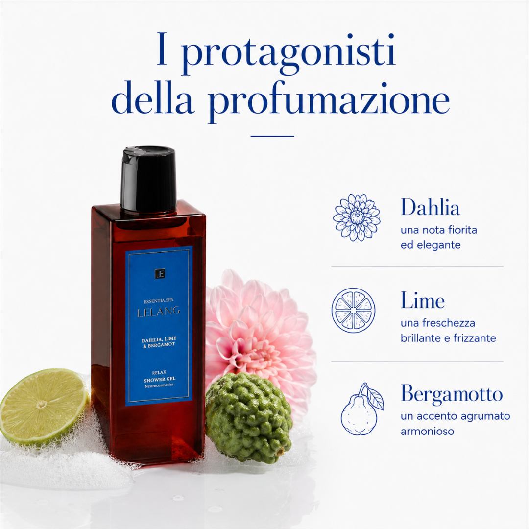 I protagonisti della profumazione del gel doccia relax Lelang Essentia Spa: dahlia nota fiorita, lime freschezza brillante e bergamotto accento agrumato