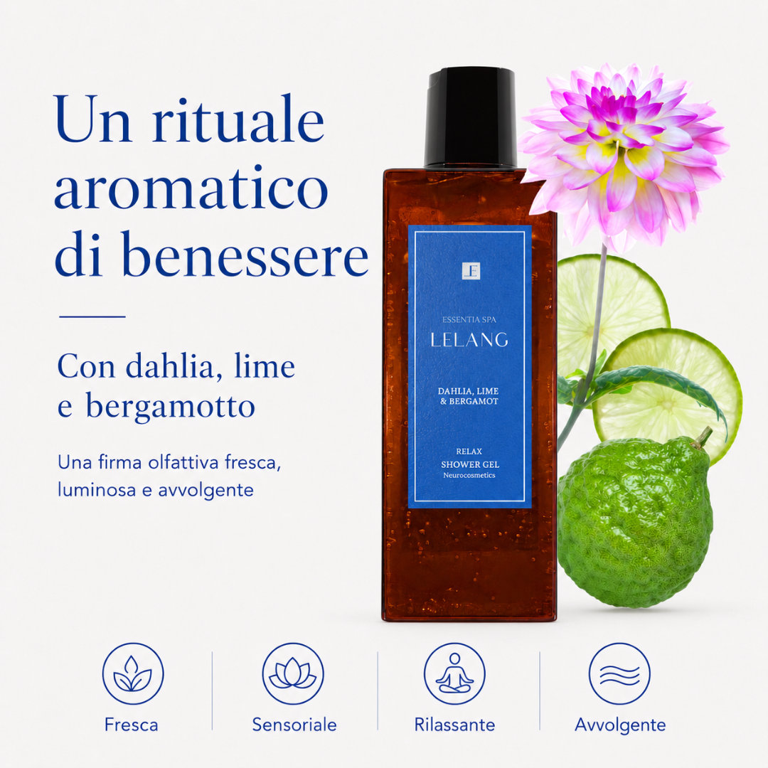 Gel doccia relax Lelang Essentia Spa, un rituale aromatico di benessere con dahlia lime e bergamotto, firma olfattiva fresca luminosa e avvolgente