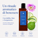 Gel doccia relax Lelang Essentia Spa, un rituale aromatico di benessere con dahlia lime e bergamotto, firma olfattiva fresca luminosa e avvolgente