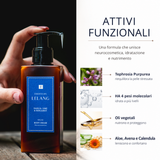 Attivi funzionali della crema corpo Lelang Essentia Spa Relax Body Cream: Tephrosia Purpurea che riequilibra la pelle stressata, acido ialuronico a 4 pesi molecolari, oli vegetali e aloe, avena e calendula lenitivi