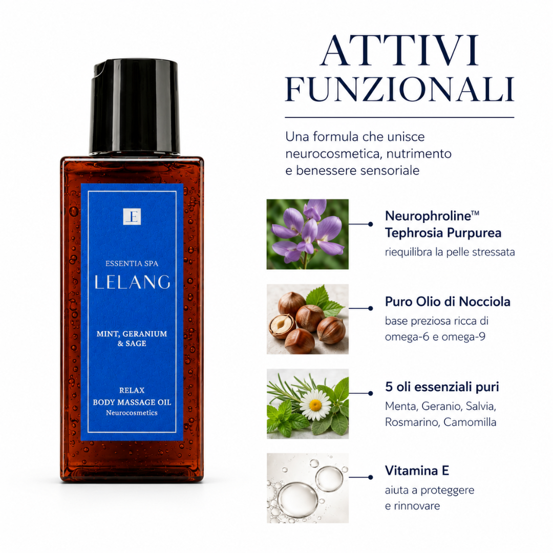 Attivi funzionali dell'olio corpo Lelang Essentia Spa Relax Body Massage Oil: Neurophroline da Tephrosia Purpurea, puro olio di nocciola ricco di omega-6 e omega-9, 5 oli essenziali puri e vitamina E