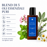 Olio corpo Lelang Essentia Spa Relax Body Massage Oil con un blend di 5 oli essenziali puri di menta, geranio, salvia, rosmarino e camomilla, un rituale aromatico che rigenera i sensi