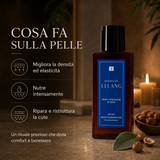 Cosa fa sulla pelle l'olio corpo Lelang Essentia Spa Relax Body Massage Oil: migliora la densità ed elasticità, nutre intensamente, ripara e ristruttura la cute in un rituale prezioso che dona comfort e benessere