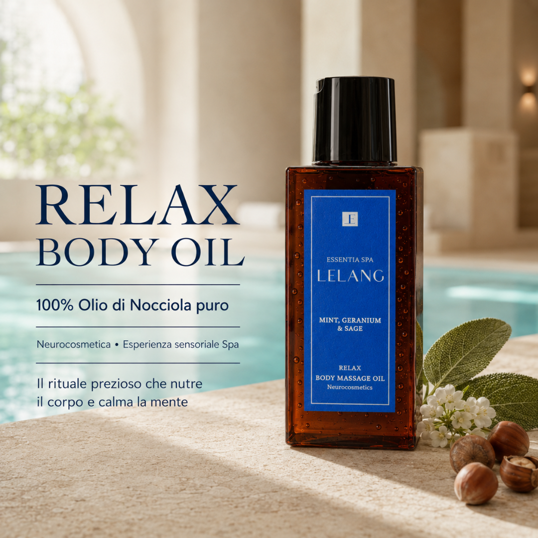 Olio corpo Lelang Essentia Spa Relax Body Massage Oil con 100% olio di nocciola puro, neurocosmetica ed esperienza sensoriale Spa, il rituale prezioso che nutre il corpo e calma la mente