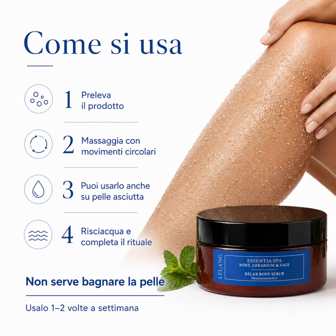 Come si usa lo scrub corpo Lelang Essentia Spa Relax Body Scrub: preleva il prodotto, massaggia con movimenti circolari anche su pelle asciutta e risciacqua, da usare 1-2 volte a settimana