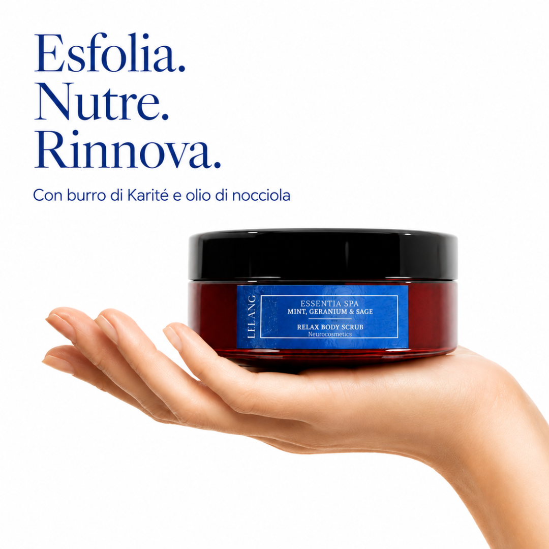 Scrub corpo Lelang Essentia Spa Relax Body Scrub alla menta, geranio e salvia che esfolia, nutre e rinnova la pelle con burro di Karité e olio di nocciola