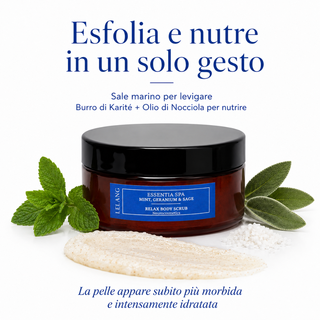 Scrub corpo Lelang Essentia Spa Relax Body Scrub che esfolia e nutre in un solo gesto con sale marino levigante, burro di Karité e olio di nocciola per una pelle subito più morbida e intensamente idratata