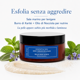 Scrub corpo Lelang Essentia Spa Relax Body Scrub che esfolia senza aggredire con sale marino levigante, burro di Karité e olio di nocciola nutrienti per una pelle subito più morbida e luminosa
