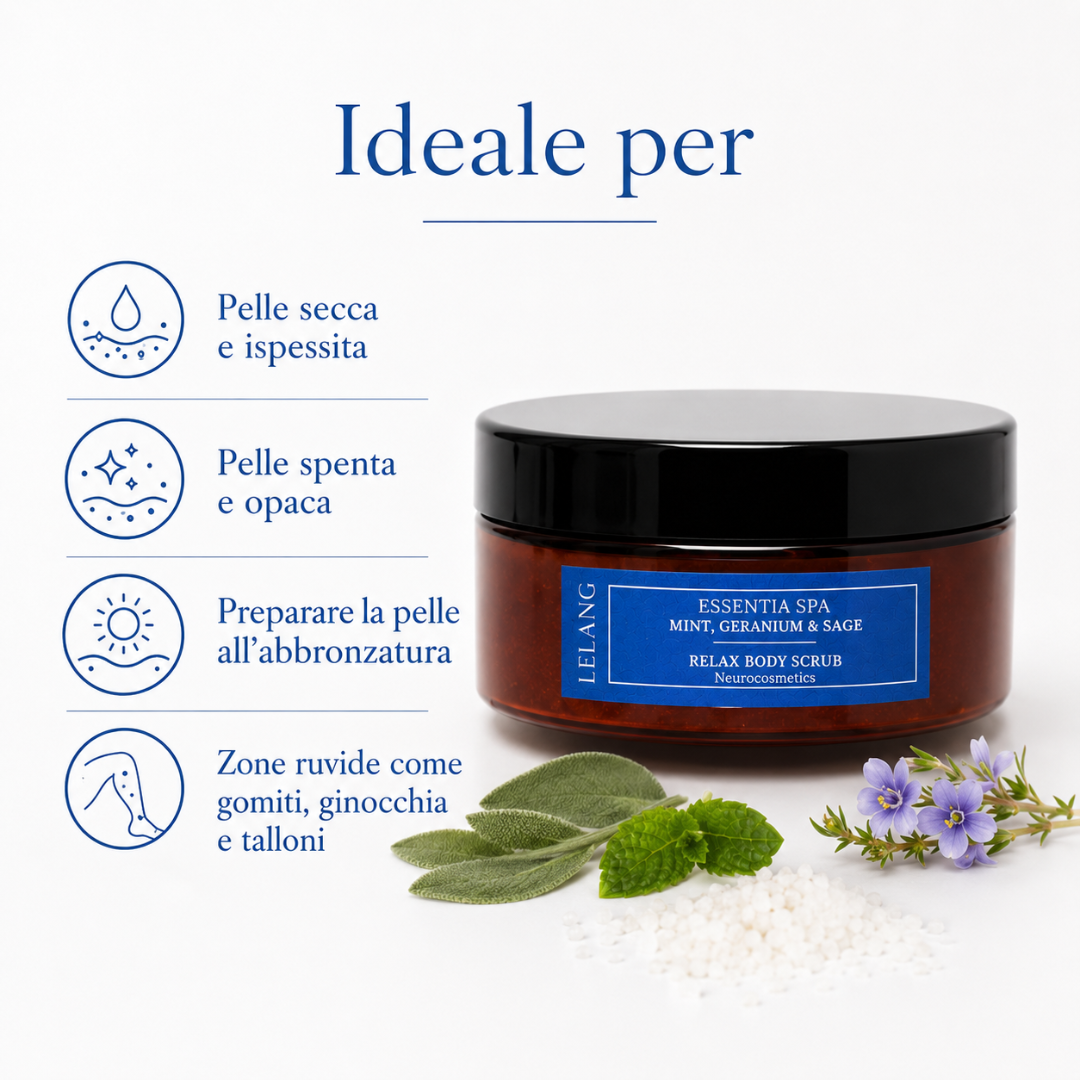 Scrub corpo Lelang Essentia Spa Relax Body Scrub, ideale per pelle secca e ispessita, pelle spenta e opaca, preparare la pelle all'abbronzatura e zone ruvide come gomiti, ginocchia e talloni