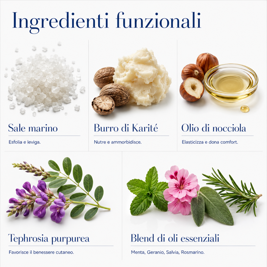Ingredienti funzionali dello scrub corpo Lelang Essentia Spa Relax Body Scrub: sale marino esfoliante, burro di Karité nutriente, olio di nocciola elasticizzante, Tephrosia purpurea e blend di oli essenziali di menta, geranio, salvia e rosmarino