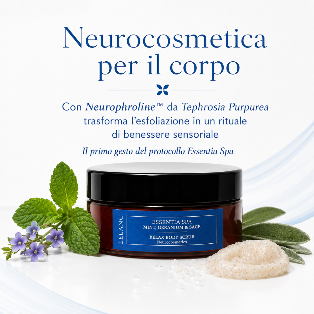Scrub corpo Lelang Essentia Spa Relax Body Scrub, neurocosmetica per il corpo con Neurophroline da Tephrosia Purpurea che trasforma l'esfoliazione in un rituale di benessere sensoriale