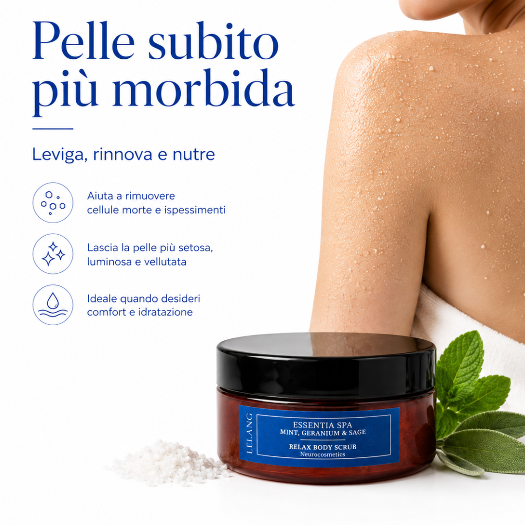 Scrub corpo Lelang Essentia Spa Relax Body Scrub per una pelle subito più morbida che leviga, rinnova e nutre, rimuove cellule morte e ispessimenti e lascia la pelle setosa, luminosa e vellutata