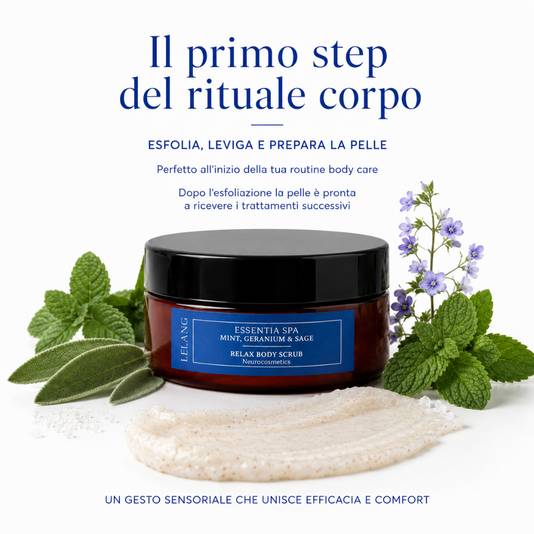 Scrub corpo Lelang Essentia Spa Relax Body Scrub, primo step del rituale corpo che esfolia, leviga e prepara la pelle a ricevere i trattamenti successivi, un gesto sensoriale che unisce efficacia e comfort