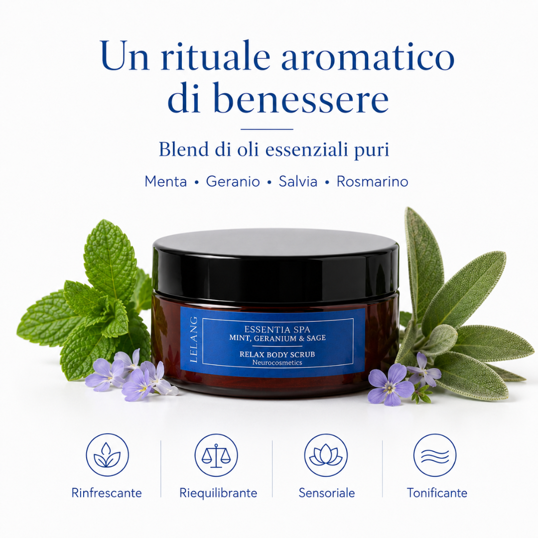 Scrub corpo Lelang Essentia Spa Relax Body Scrub, un rituale aromatico di benessere con blend di oli essenziali puri di menta, geranio, salvia e rosmarino dall'azione rinfrescante, riequilibrante, sensoriale e tonificante