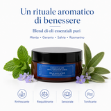 Scrub corpo Lelang Essentia Spa Relax Body Scrub, un rituale aromatico di benessere con blend di oli essenziali puri di menta, geranio, salvia e rosmarino dall'azione rinfrescante, riequilibrante, sensoriale e tonificante