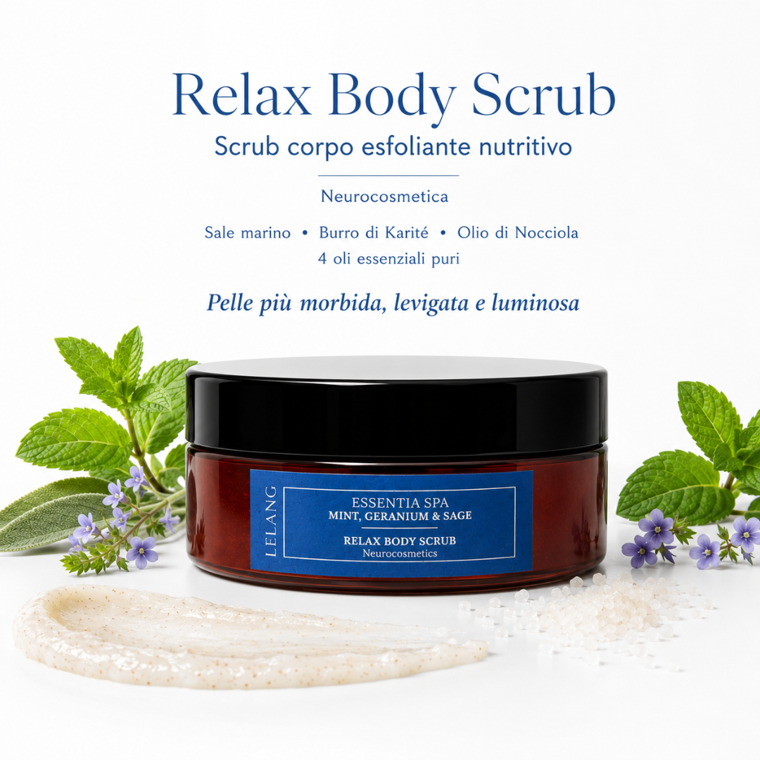Lelang Essentia Spa Relax Body Scrub, scrub corpo esfoliante nutritivo di neurocosmetica con sale marino, burro di Karité, olio di nocciola e 4 oli essenziali puri per una pelle più morbida, levigata e luminosa
