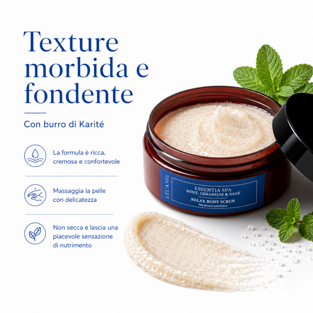 Scrub corpo Lelang Essentia Spa Relax Body Scrub dalla texture morbida e fondente con burro di Karité, formula ricca, cremosa e confortevole che non secca e lascia una piacevole sensazione di nutrimento