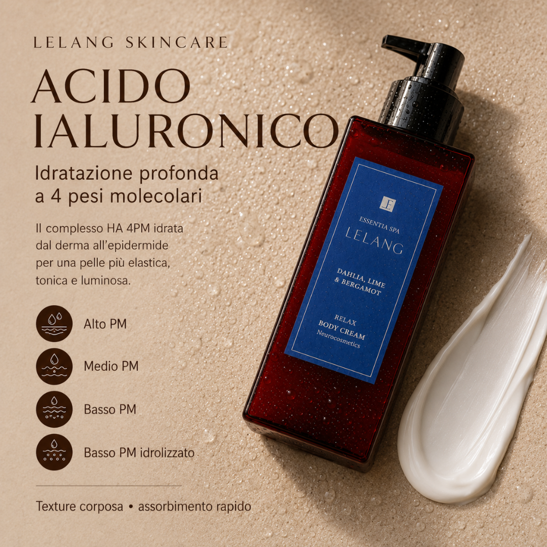 Crema corpo Lelang Essentia Spa Relax con acido ialuronico a 4 pesi molecolari per un'idratazione profonda e una pelle più elastica, tonica e luminosa