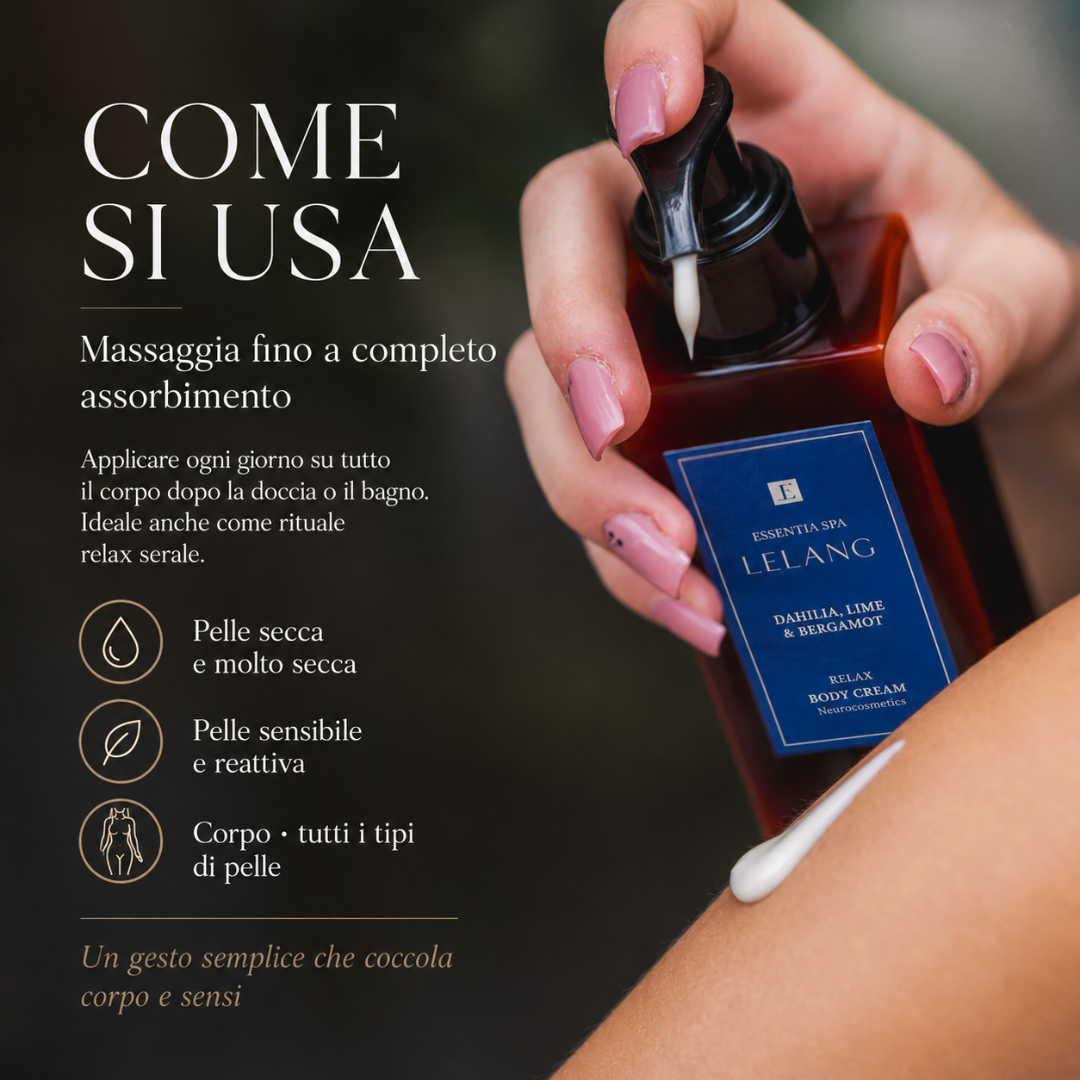 Come si usa la crema corpo Lelang Essentia Spa Relax: massaggiare fino a completo assorbimento ogni giorno dopo la doccia, ideale per pelle secca, sensibile e tutti i tipi di pelle